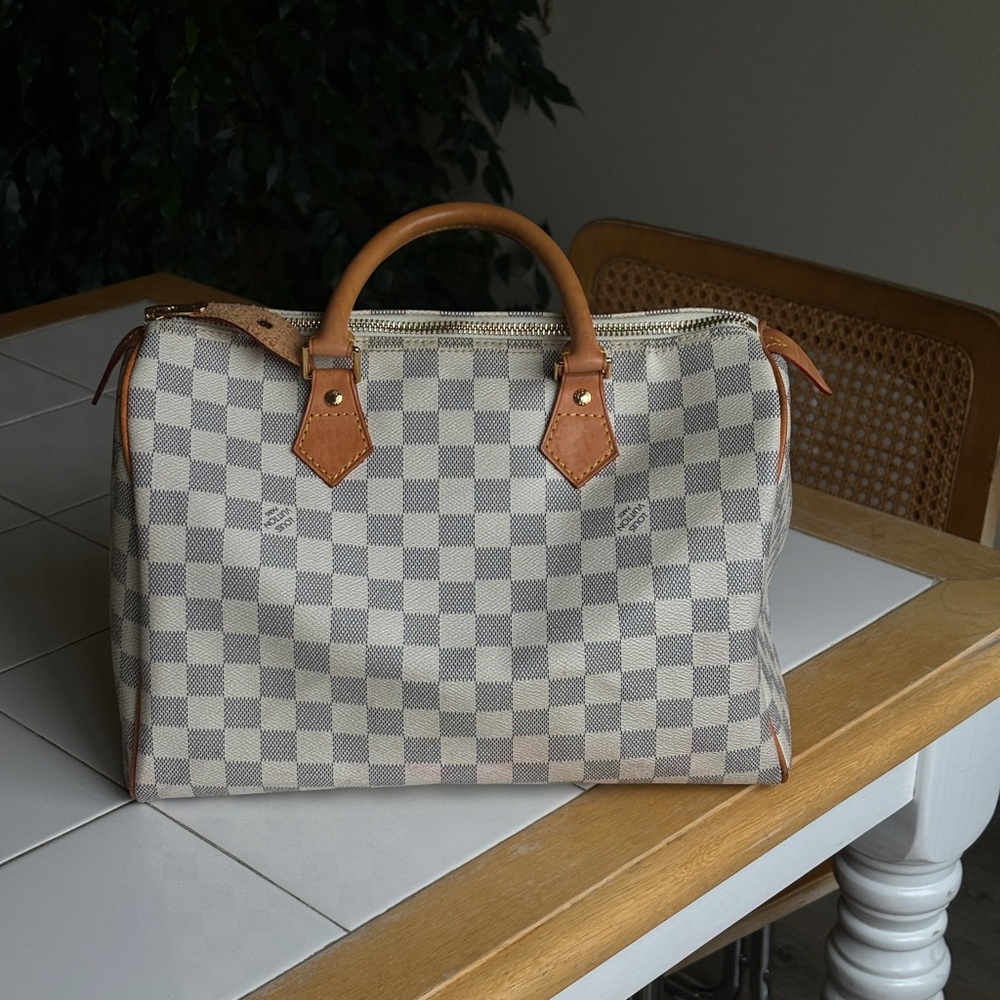 Louis Vuitton Gray and Tan Satchel with Checkered Pattern